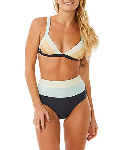 Rip Curl Block Party Spliced Jacquard Rib Fixed Triangle Swim Top & High Waist Back Ruched Hipster Swim Bottom