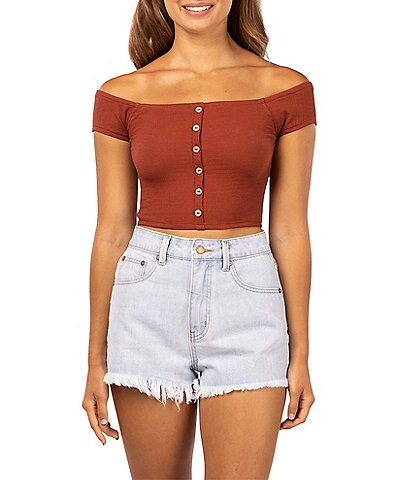 Rip Curl Venice Off-The-Shoulder Short Sleeve Button Front Crop Top