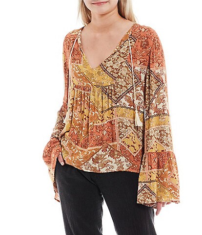 Rip Curl Wanderer V-Neck Long Bell Sleeve Yardage-Print Top