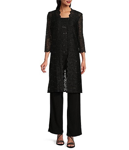 R & M Richards Sequin Glitter Scalloped Lace Scoop Neck 3/4 Sleeve 3-Piece Duster Pant Set