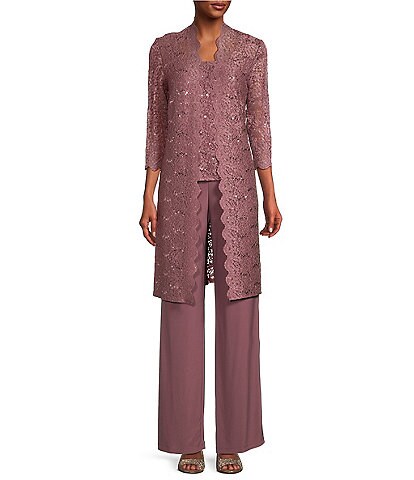 R & M Richards Sequin Glitter Scalloped Lace Scoop Neck 3/4 Sleeve 3-Piece Duster Pant Set