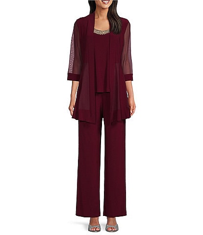 R & M Richards Stretch 3/4 Sleeve Beaded Scoop Neck 2-Piece Pant Set