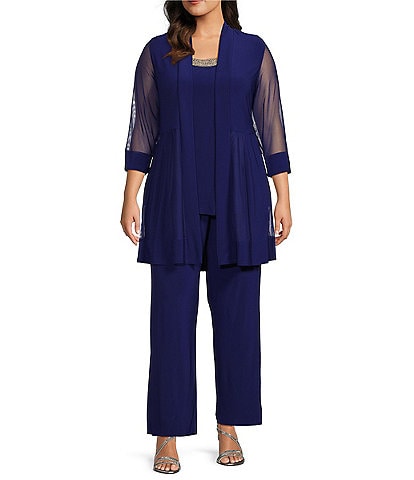 R & M Richards Plus Size Scoop Neck 3/4 Sleeve Beaded Detail Top & Sheer Knit Jacket 2-Piece Pull-On Pant Set
