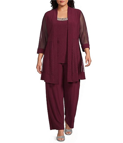 R & M Richards Plus Size Scoop Neck 3/4 Sleeve Beaded Detail Top & Sheer Knit Jacket 2-Piece Pull-On Pant Set