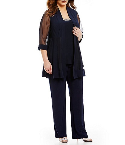 R & M Richards Plus Size Scoop Neck 3/4 Sleeve Beaded Detail Top & Sheer Knit Jacket 2-Piece Pull-On Pant Set