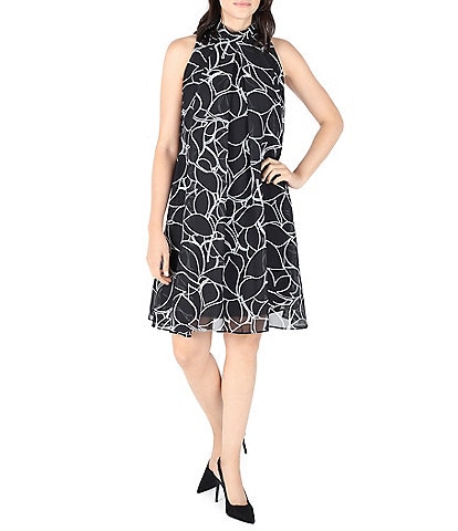 Robbie Bee Abstract Floral Print Sleeveless Mock Neck Waistless Chiffon Shift Dress