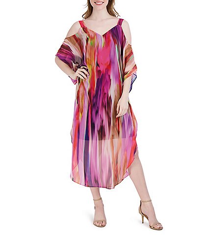 Robbie Bee Cold Shoulder V-Neck 3/4 Sleeve Multi Color Print Waistless Midi Dress