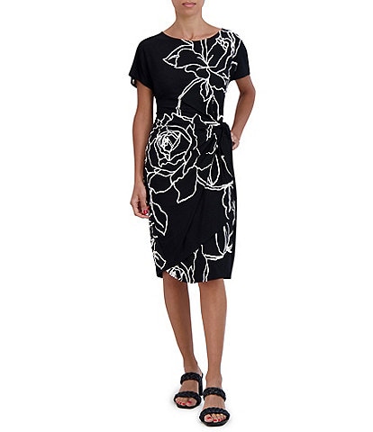 Robbie Bee Floral Print Elbow Short Sleeve Round Neck Gathered Side Tie Knit Sheath Dress