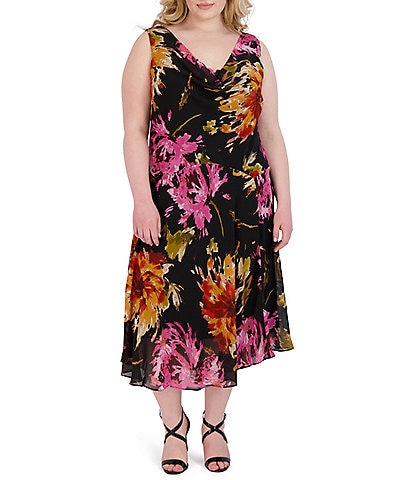 Robbie Bee Plus Size Floral Print Drape Neck Sleeveless Chiffon Waistless Midi Dress