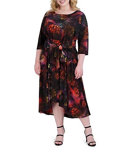 Robbie Bee Plus Size Floral Print 3/4 Sleeve Round Neck Front Tie High-Low Midi Dress