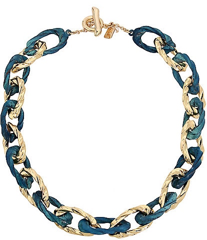 Robert Lee Morris Soho Blue Patina and Gold Link Collar Frontal Necklace