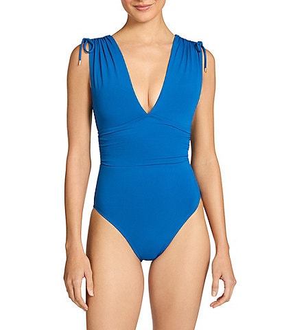 ROBIN PICCONE Aubrey Solid Flattering Plunge V-Neck Tummy Control One Piece Swimsuit