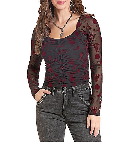 Rock & Roll Denim Flocked Print Long Sleeve Top
