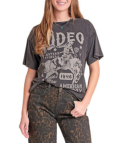 Rock & Roll Denim Front Rodeo Graphic Crew Neck Short Sleeve Tee Shirt