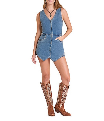 Rock & Roll Denim V-Neck Sleeveless Vest Romper
