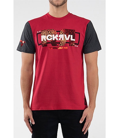 Rock Revival Foiled Animal-Printed Double #double;R#double; Logo Short-Sleeve Color Block T-Shirt