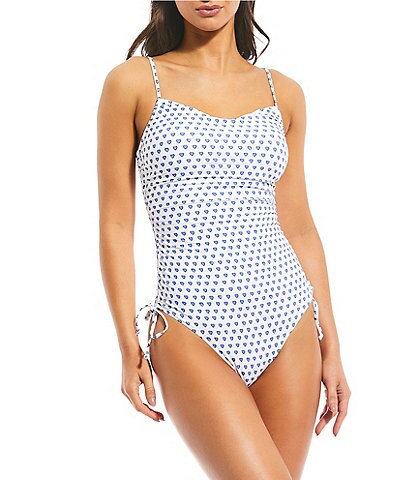 Roller Rabbit Hearts Print Cinched Side Square Neck One Piece Swimsuit