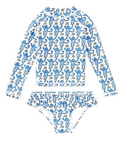 Roller Rabbit Little Girls 2T-6X Family Matching Monkey Print Long Sleeve Rashguard & Ruffle Bottom Two-Piece Swimsuit
