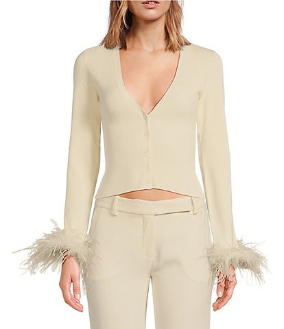 RONNY KOBO Aiden Rib Knit Plunge V-Neck Long Sleeve Feather Trim Cuffs Button-Front Cardigan