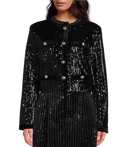 RONNY KOBO Cullen Chevron Pattern Sequin Velveteen Trim Round Neck Long Sleeve Button-Front Cropped Jacket
