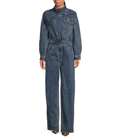 RONNY KOBO Eugene Band Collar Long Sleeve Denim Jumpsuit