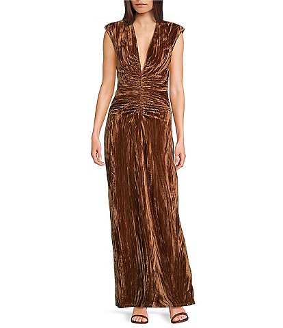 RONNY KOBO Hayley Crinkled Velvet Sleeveless V-Neck Ruched Detail Maxi Dress