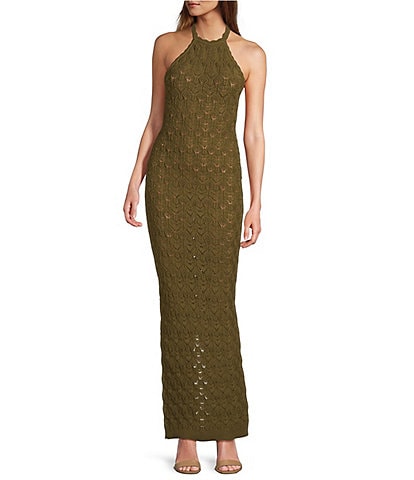 RONNY KOBO Kaiden Pointelle Knit Halter Neck Sleeveless Sheath Maxi Dress