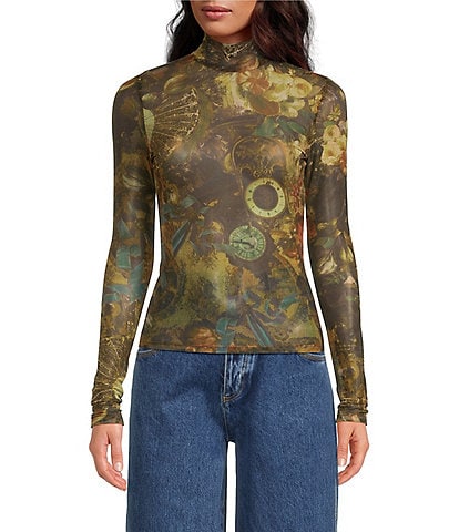 RONNY KOBO Lorden Baroque Print Mesh Knit Turtleneck Long Sleeve Shirt