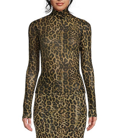 RONNY KOBO Lorden Stretch Mesh Knit Leopard Print Turtleneck Long Sleeve Coordinating Shirt