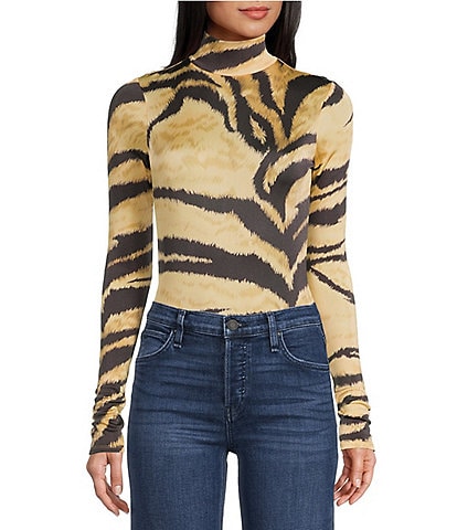 RONNY KOBO Luca Knit Jersey Tiger Print Turtleneck Long Sleeve Bodysuit