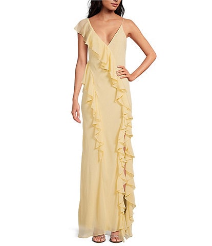 RONNY KOBO Olivialle Chiffon Deep V-Neck Sleeveless Asymmetric Ruffled A-Line Maxi Dress