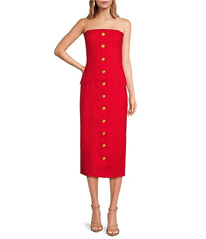 RONNY KOBO Rose Linen Blend Strapless Faux Pocket Button Front Dress