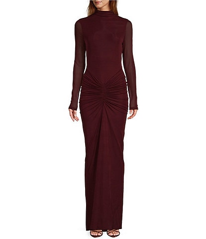 RONNY KOBO Scorpio Ruched Detail Knit Jersey Mock Neck Long Sleeve Maxi Dress