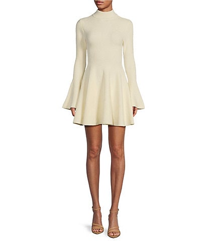 RONNY KOBO Wynne Solid Chenille Knit Mock Neck Long Bell Sleeve Fit and Flare Mini Dress