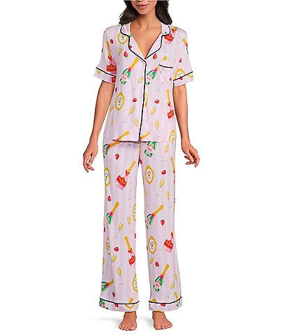 Room Service Champagne Suite Short Sleeve Notch Collar Long Knit Pajama Set
