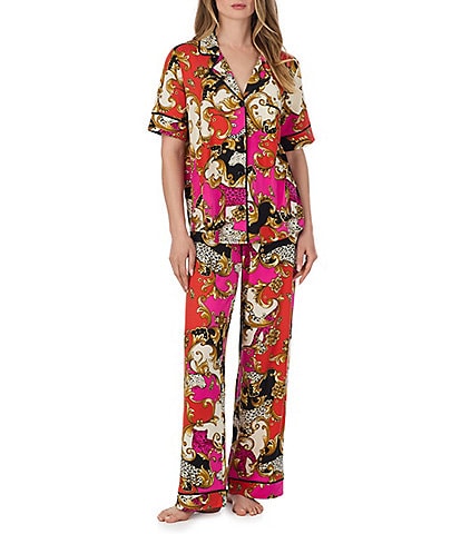 Room Service Cheetah Chic Print Short Sleeve Notch Collar Jersey Knit Pajama Set