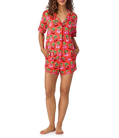 Room Service Cherry Print Short Sleeve Notch Collar Knit Shorty Pajama Set