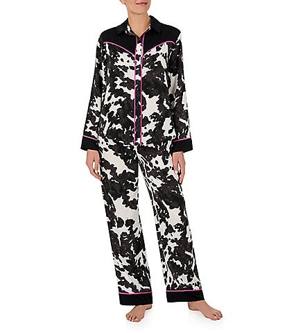 Room Service Cow Print Long Sleeve Notch Collar Satin Pant Pajama Set