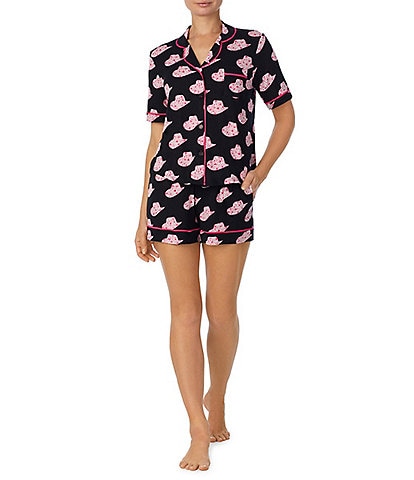 Room Service Cowgirl Hat Print Short Sleeve Notch Collar Knit Pajama Set