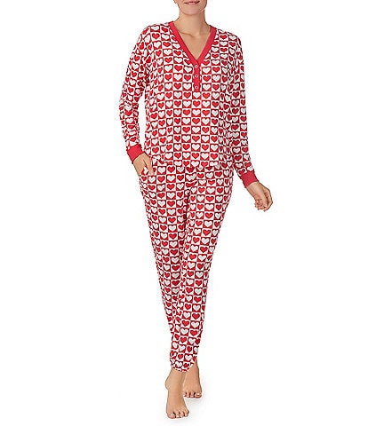 Room Service Heart Check Marshmallow Jersey Long Sleeve Henley Ski Pajama Set