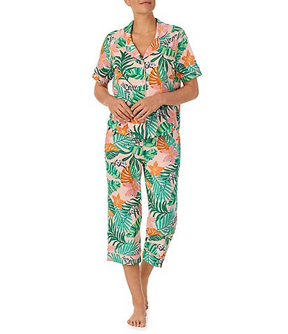 Room Service Jungle Floral Short Sleeve Notch Collar Knit Cropped Pajama Set
