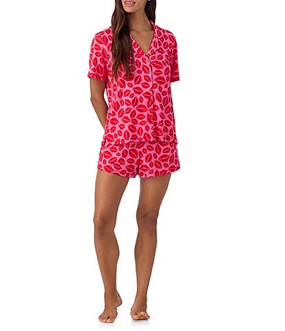 Room Service Lip Print Short Sleeve Notch Collar Marshmallow Knit Shorty Valentine's Day Pajama Set