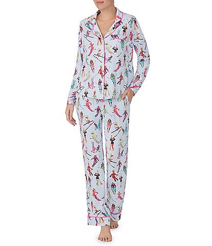 Room Service Long Sleeve Notch Collar & Long Pant Cozy Jersey Skiers Printed Pajama Set