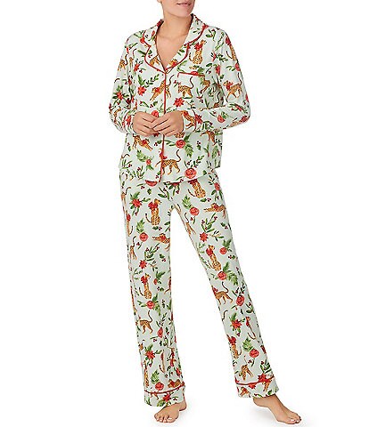 Room Service Long Sleeve Notch Collar & Long Pant Cozy Jersey Winter Cheetah Print Pajama Set