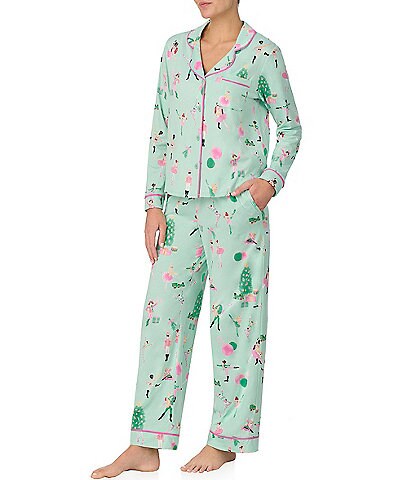 Room Service Long Sleeve Notch Collar Cozy Jersey Christmas Ballet Print Holiday Pajama Set