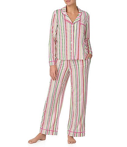 Room Service Long Sleeve Notch Collar Cozy Jersey Multi Heart Striped Pajama Set