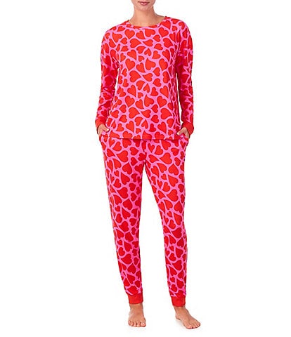 Room Service Long Sleeve Round Neck Top & Jogger Cozy Knit Heart Pajama Set