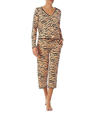 Room Service Natural Zebra Print V-Neck Long Sleeve Cropped Pajama Set