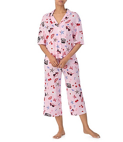 Room Service Novelty Print Short Sleeve Notch Collar Knit Cropped Pajama Set