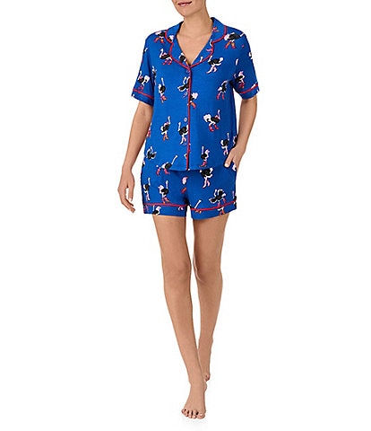 Room Service Ostrich Print Short Sleeve Notch Collar Knit Shorty Pajama Set